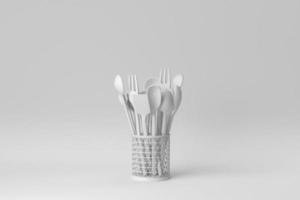 porte-couverts en acier inoxydable avec cuillères et fourchettes en bois sur fond blanc. notion minimale. rendu 3D. photo