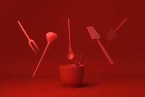 ustensiles de cuisine rouges et ingrédients de cuisson flottant sur fond rouge. idée de concept minimal créatif. monochrome. rendu 3D. photo