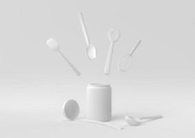 ustensiles de cuisine blancs et ingrédients de cuisson flottant sur fond blanc. idée de concept minimal créatif. monochrome. rendu 3D. photo