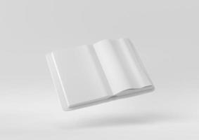 magazine ouvert blanc blanc ou livre flottant sur fond blanc. idée de concept minimal créatif. monochrome. rendu 3D. photo