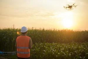 ingénieur masculin contrôlant la pulvérisation d'engrais et de pesticides par drone sur les terres agricoles, les innovations de haute technologie et l'agriculture intelligente photo