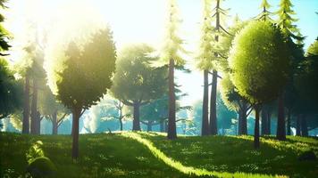 paysage de forêt verte de dessin animé avec des arbres et des fleurs photo