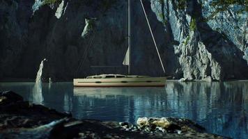 yacht blanc ancré dans une baie aux falaises rocheuses photo