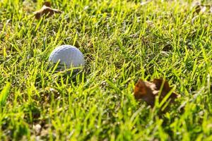 balle de golf sur l'herbe avec fond de nature de lumière du soleil photo