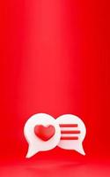 coeur 3d avec bulle de chat. rendu 3d notification des médias sociaux amour comme icône de coeur avec forme de message de conversation photo