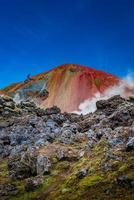 emblématique mont volcanique arc-en-ciel coloré brennisteinsalda dans les montagnes landmannalaugar en islande. été, paysage spectaculaire avec ciel bleu et champ de lave enfumée. photo