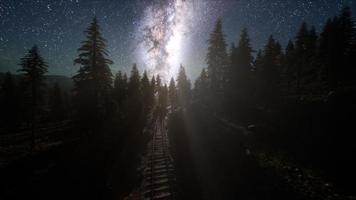 la voie lactée au-dessus de la voie ferrée et de la forêt photo