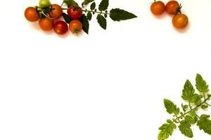 Tomates cerises fraîches mûres sur isolé sur fond blanc photo