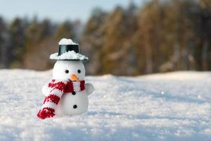 la poupée d'un bonhomme de neige se tient dans une congère avec une forêt de pins en arrière-plan le matin ensoleillé photo