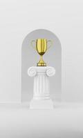 colonne de podium abstraite avec un trophée d'or sur fond blanc avec arche. le piédestal de la victoire est un concept minimaliste. rendu 3d. photo