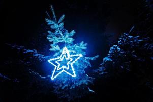 étoile brillante de guirlandes en plein air le soir gelé photo