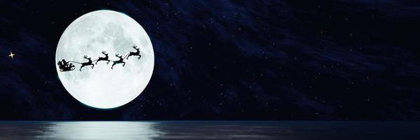 silhouette santa et renne volant dans le ciel sombre avec la pleine lune et de nombreuses étoiles. le concept de la veille de noël. la super lune se reflète dans la mer. une vague l'océan à l'île. rendu 3d photo
