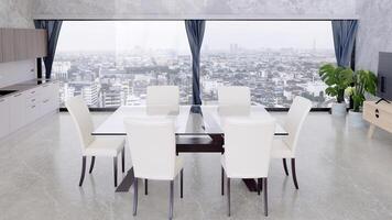 table de cuisine intérieure située dans une maison moderne avec vue sur la ville, rendu d'illustration 3d photo