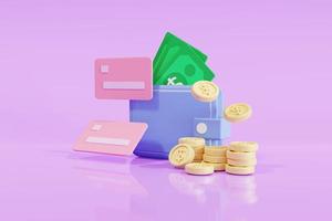 concept d'icône d'économie d'argent 3d. portefeuille bleu clair, pile de pièces et carte de crédit sur fond violet, illustration 3d photo