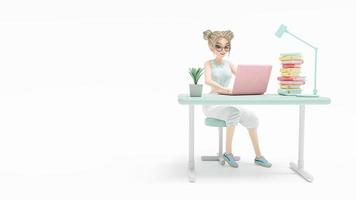heureuse jeune femme assise sur une chaise. aime étudier, apprendre et rechercher des informations à partir d'un ordinateur. un ordinateur portable rose est placé sur le bureau. personnage de dessin animé, rendu 3d