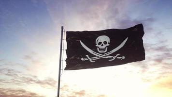 drapeau pirate réaliste agitant dans le vent contre un ciel profond et dramatique. illustration 3d photo