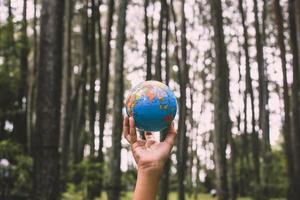 mains tenant un globe avec fond de forêt floue, concept du jour de la terre photo