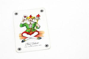 carte à jouer, joker, gagnant, chance, de, jeu, gauche, blanc photo