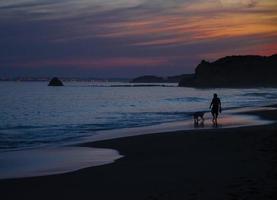 portugal, algarve, les plus belles plages de portimao, praia da rocha, coucher de soleil doré lilas sur les vagues de l'océan atlantique photo