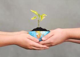 mains d'enfants tenant une plante dans le concept de conservation de la terre globe.earth. photo