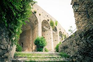 murs en pierre, arches, escaliers, lampe et plantes vertes pendantes de l'ancien château de castello doria photo