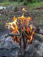 feu brûlant dans la cheminée, feu de camp dans la forêt photo