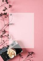 vierge pour décorer des cartes postales ou un chèque-cadeau pour un photographe. ancien appareil photo sur fond rose avec des fleurs séchées grises et un espace pour le texte