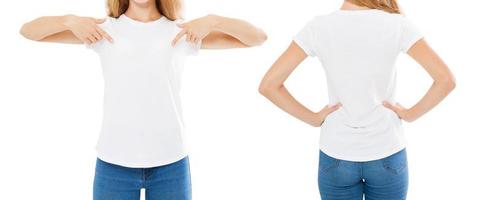 T-shirt d'été isolé sur blanc, femme pointée sur un t-shirt, point de fille sur un t-shirt, image recadrée photo