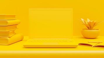 maquette d'ordinateur portable jaune sur le bureau, avec ordinateur portable et plante sur le côté. concept d'idée minimale, rendu 3d. photo