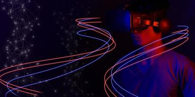 lunettes de réalité virtuelle. réalité augmentée, jeu, futur concept technologique. monde simulé vr de la robe futuriste de la posture du corps métaverse photo