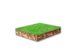 rendu 3D. section cubique du sol avec de l'herbe verte isolée sur fond blanc photo