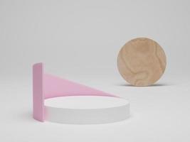 rendu 3D. arrière-plan géométrique abstrait, podium cylindrique, maquette minimaliste moderne avec cercle en bois sur fond blanc. photo