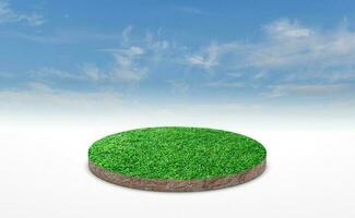 rendu 3d, podium circulaire de prairie terrestre. section transversale du sol du sol avec de l'herbe verte sur fond de ciel bleu. photo