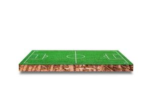 section transversale cubique du sol avec terrain de football en herbe verte isolé sur fond blanc. rendu 3d. photo