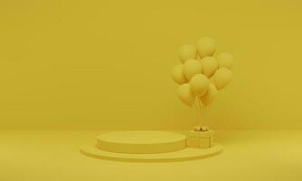 rendu 3d. podium de cylindre jaune minimal avec ballon sur fond de studio. plate-forme de forme géométrique abstraite avec espace vide. photo