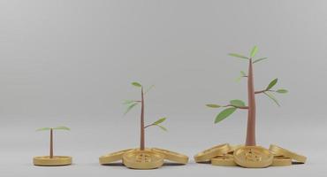 rendu 3d. arbre en pleine croissance sur la pile de pièces sur fond blanc. concept d'investissement commercial et d'économie d'argent. photo