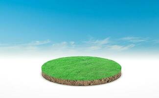 rendu 3d, podium circulaire de prairie terrestre. section transversale du sol du sol avec de l'herbe verte sur fond de ciel bleu. photo