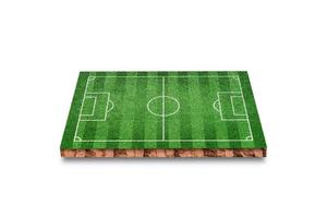 section transversale cubique du sol avec terrain de football en herbe verte isolé sur fond blanc. rendu 3d.