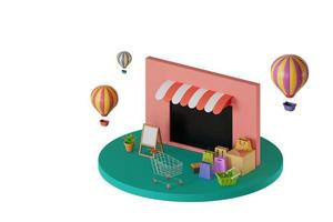 scène de magasin, avec des sacs à provisions, des boîtes à colis, des chariots, des pots de plantes, des ballons, un panier, des étiquettes, sur blanc. illustration de rendu 3d photo