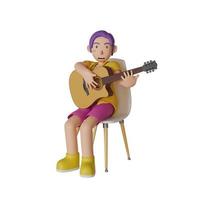 homme en chemise jaune, pantalon violet, assis sur une chaise, joue de la guitare sur fond blanc. illustration de rendu 3d photo