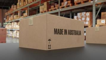 boîtes avec texte made in australia sur convoyeur. rendu 3d photo