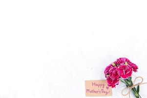 mai fête des mères idée concept photographie - beaux oeillets en fleurs attachés par un arc avec une carte de texte kraft isolée sur une table moderne et lumineuse, espace de copie, pose à plat, vue de dessus, maquette photo