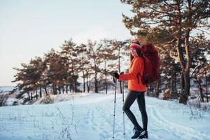 femme voyageuse avec sac à dos randonnée voyage style de vie aventure concept vacances actives en plein air. belle forêt de paysage photo
