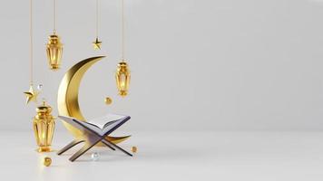 modèle de voeux ramadan kareem avec lanternes arabes et lune sur le fond pour les produits publicitaires - illustration de rendu 3d pour cartes, salutations. photo