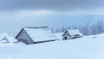 cabane à la montagne en hiver. brouillard mystérieux. en prévision des vacances. Carpates. Ukraine, Europe photo