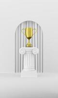 colonne de podium abstraite avec un trophée d'or sur fond blanc avec arche. le piédestal de la victoire est un concept minimaliste. rendu 3d. photo