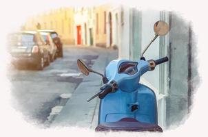 dessin à l'aquarelle d'une moto scooter bleu vintage vespa dans une rue vide italienne étroite avec de vieux bâtiments de la ville, fond de voiture typique photo