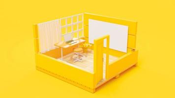 bureau dans la chambre jaune et ordinateur portable sur la table. concept d'idée minimale, rendu 3d. photo