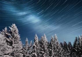 arbre couvert de neige d'hiver magique. paysage d'hiver. ciel nocturne vibrant avec étoiles et nébuleuse et galaxie. astrophoto du ciel profond photo