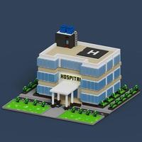 Rendu voxel 3d du bâtiment de l'hôpital avec des couleurs blanches, bleues, noires, vertes et beiges. parfait pour la bannière du programme de campagne de l'hôpital photo